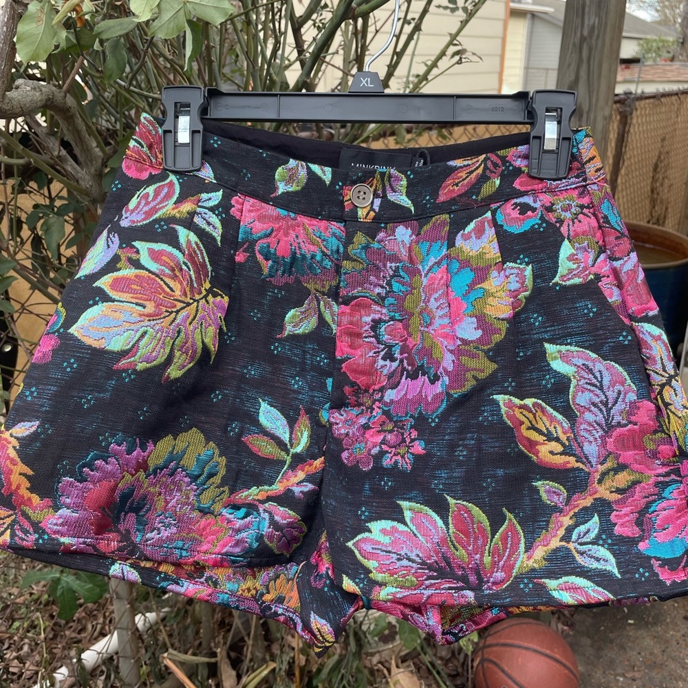 High-Waist Floral Jacquard Shorts - Black with Pink & Teal Floral